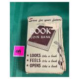 Vtg. Book Coin Bank with key