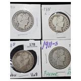 (4) 1911 D, S, None Barber Half Dollar
