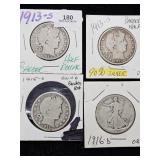(4) 1913 D, S Barber Half Dollar