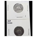 (2) 1869 Shield Nickel