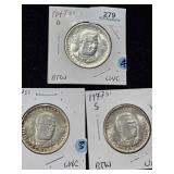 (3) 1951 S,D,P Commemorative Half Carver Wash.