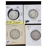 (4) 1902-1904 Barber Quarter