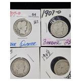 (4) 1907-1908 Barber Quarter