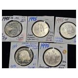 (5) 1995 W,P Comm. $1 Silver Dollar