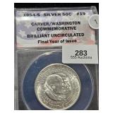 1954 S Commemorative Half ANACS BU Carver Wash.