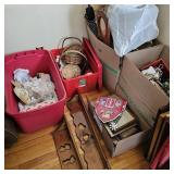 Misc. Household in Corner, Hanger, 2 Red Totes,
