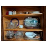 (2) Upper Cabinets, Pyrex, Corelle, Glassware