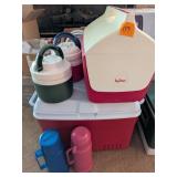 (4) Coolers, (2) Thermos'