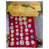 Tote of FDR Related Pins, Sleigh Bells, Lube Spout