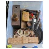 Tote of enamel Ware Pans, Cigarette Container