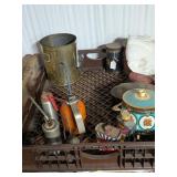Tote of 'Tins, Oil Cans, Candle Stick