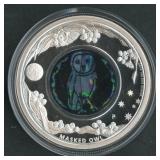 Australian Opal Masked Owl .999 Silver Rd. 1 ozt