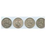 4- Mixed 1940's Franklin Half Dollars