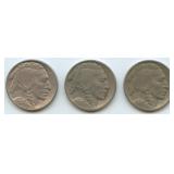 3- Mixed 1913 Mintmarked Type 1 Buffalo Nickels