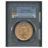 1908 $20 Gold PCGS MS67 No Motto Wells Fargo