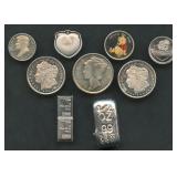 (1 ozt TW) 9- Mixed .999 Silver Rounds and Bars