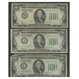 3- Mixed 1934 $100 Federal Reserve Notes