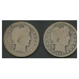 2- 1896-O Liberty Head Barber Quarters