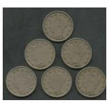6- Mixed Liberty Head V Nickels Better Grade
