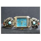 Vintage Navajo Turquoise & Coral Watch, .925 Silve