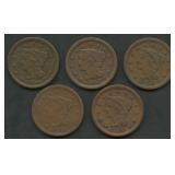 5- Mixed 1846-1850 Braided Hair Large Cents