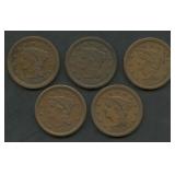 5- Mixed 1850's Braided Hair Large Cents