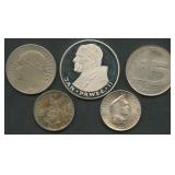 (2.89 ozt TW) 5- Mixed Foreign Coins .750 Silver