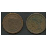 2- 1850 Braided Hair Large Cents