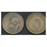 (1.79 ozt TW) 2- Mexico 1953 5 Pesos .720 Silver