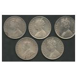 (1.86 ozt TW) 5- India 1 Rupee .917 Silver Coins