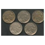 5- 1913 Type 1 Buffalo Nickels