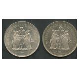 (1 .92 ozt TW) 2- France 50 Francs .900 Silver