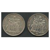 (1.60 ozt TW) 2- France 1965 10 Fr .900 Silver