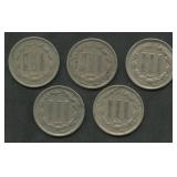 5- 1865 and 1868 Three Cent Nickels