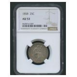 1858 Seated Liberty Quarter NGC AU 53