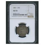 1861 Seated Liberty Quarter NGC AU 55