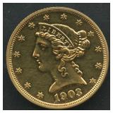 1903 Liberty $5 Gold Coin Cleaned/Proof (?)