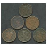 6- Mixed 1843 and 1844 Braided Hair Large Cents