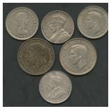 6- Mixed Foreign Coins .500 Silver