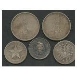 5- Mixed Foreign Coins .900 Silver