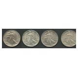 4- Mixed Walking Liberty Half Dollars AU/BU