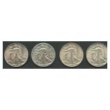 4- Mixed Walking Liberty Half Dollars AU/BU