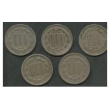 5- Mixed Three-Cent Nickels
