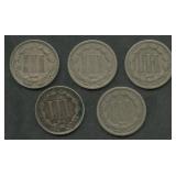 5- Mixed Three-Cent Nickels