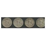 4- Mixed 1916 and 1916-D Walking Liberty Halves