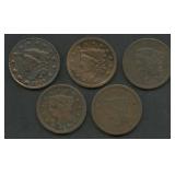 5- Mixed Large Cents 1828-1848