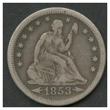 1853 Arrows Seated Liberty Quarter