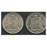 (1.61 ozt TW) 2- France 10 Francs .900 Silver