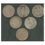 6- Mixed Three-Cent Silver Pieces