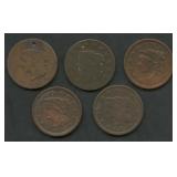 5- Mixed Large Cents 1831-1856